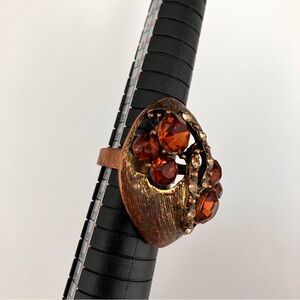 Vintage adjustable brass fancy ring with Amber stone & transparent crystals